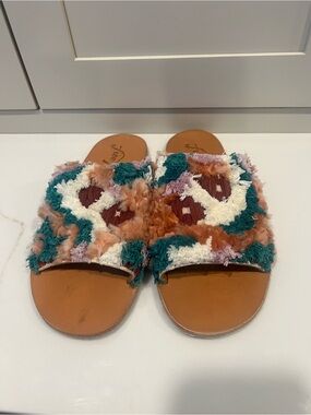 Free People Multicolor Tufted Slide Sandals - Teal, Rust, Cream, Lavender